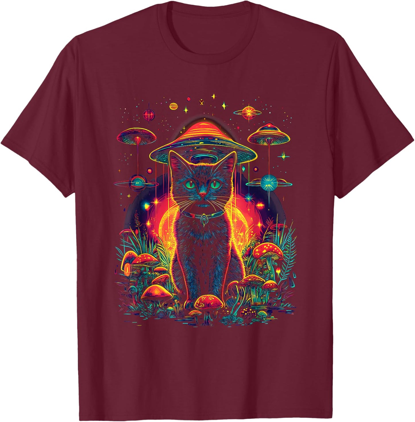 Psychedelische Katze im Weltraum Trippy Alien Galaxy Visual T-Shirt - T-Shirt | Maroon
