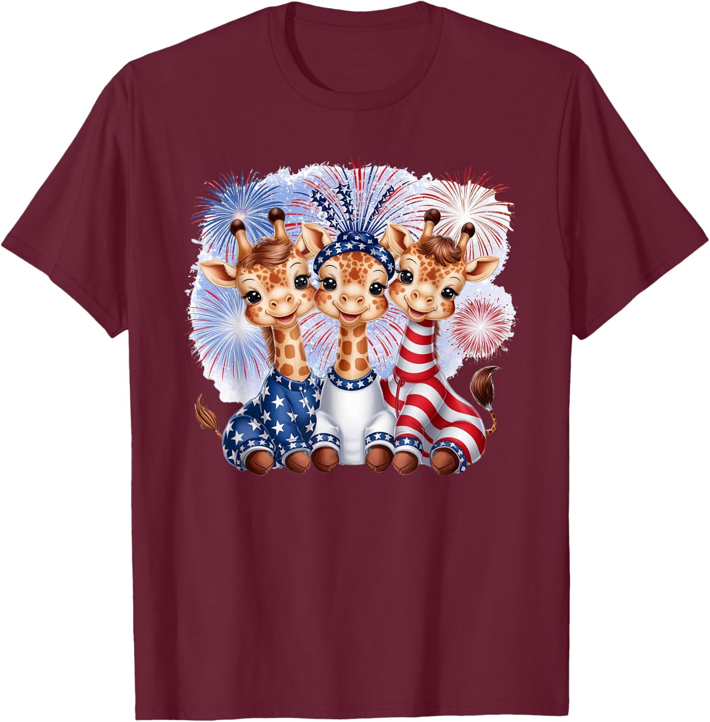 Giraffe 4th of July Party Patriotic Fireworks America Flag T-Shirt - T-Shirt | Maroon