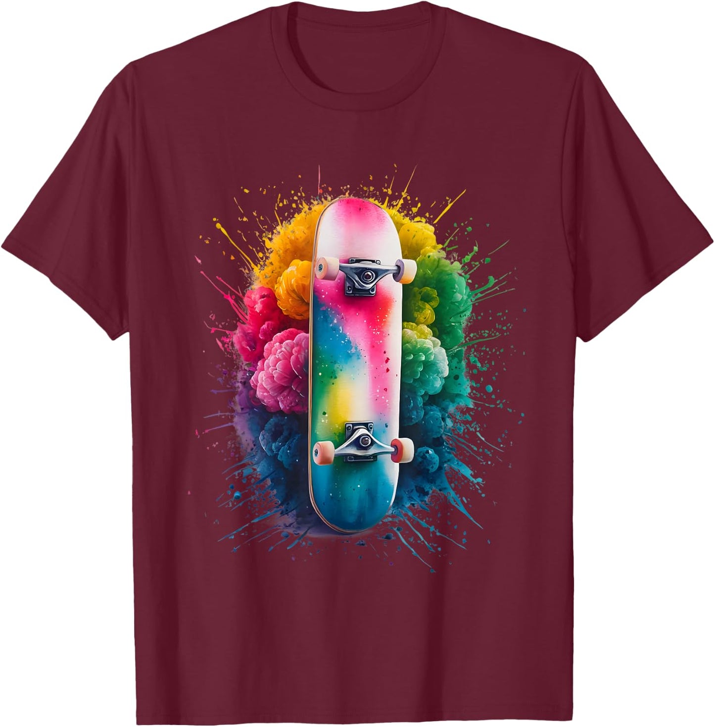 Skater Men's Women's Colourful Watercolour Skateboarding , black T-Shirt - T-Shirt | Maroon