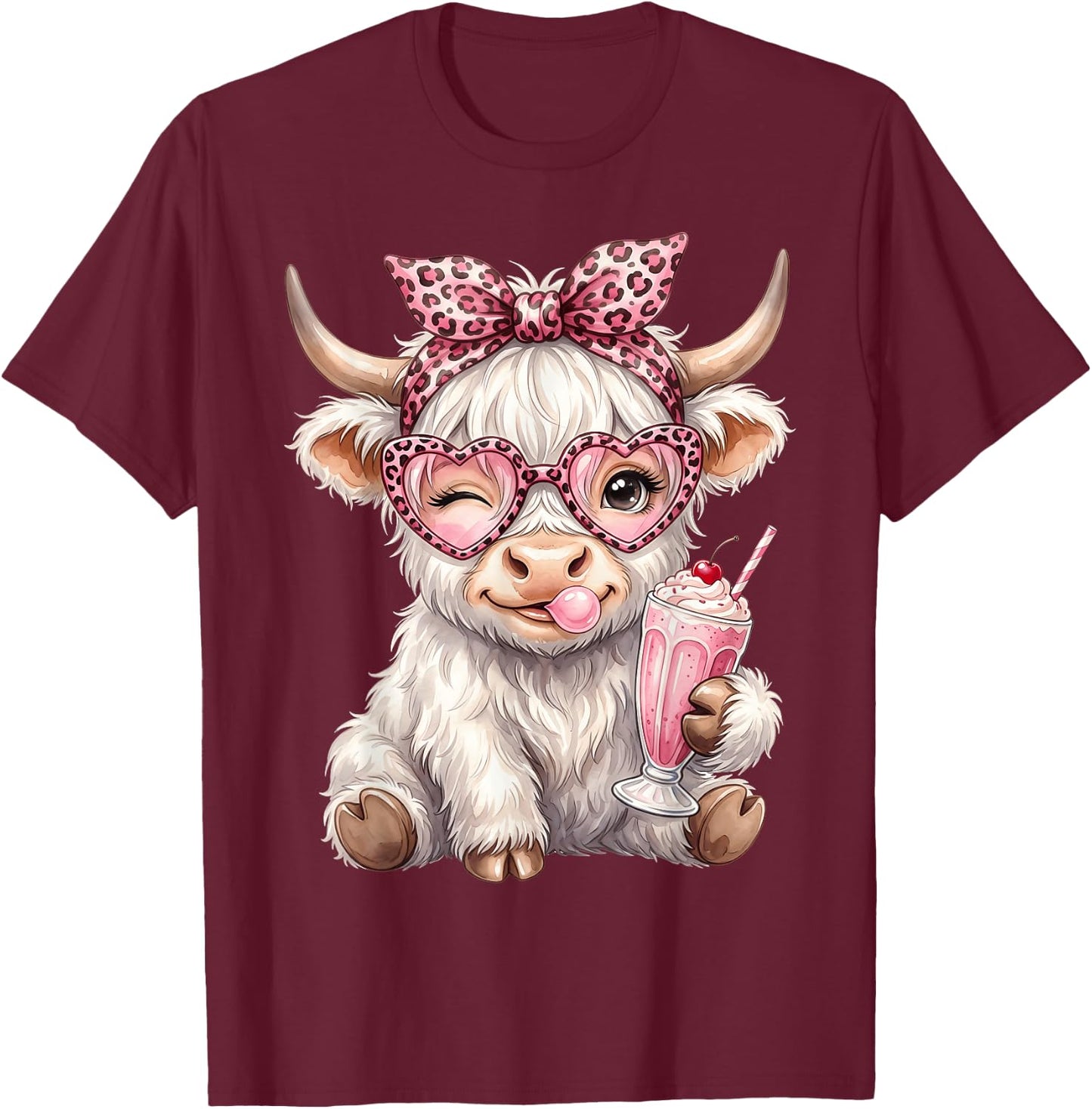 Scottish Highland Cow Eating Gum Bubblegum T-Shirt - T-Shirt | Maroon