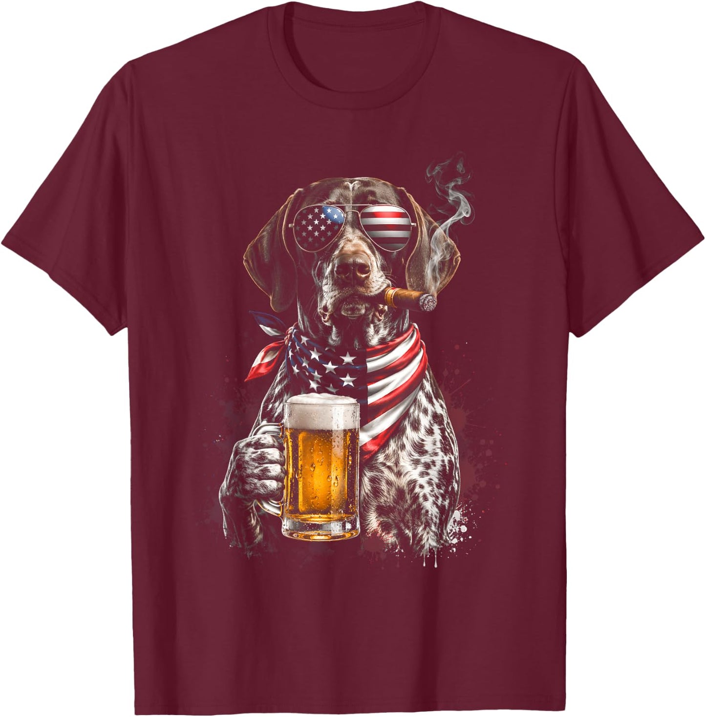 4th of July Patriotic Dog Beer Cigar Sunglasses Funny T-Shirt - T-Shirt | Maroon