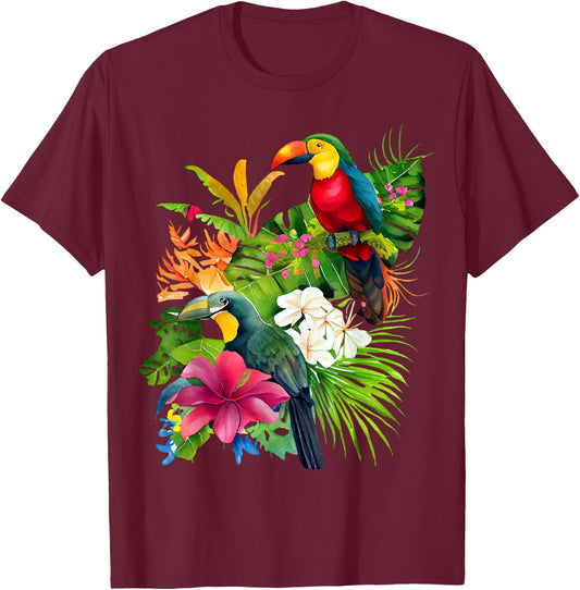Tropical Bird Toucan Rainforest Jungle Greenery Flowers T-Shirt - T-Shirt | Maroon