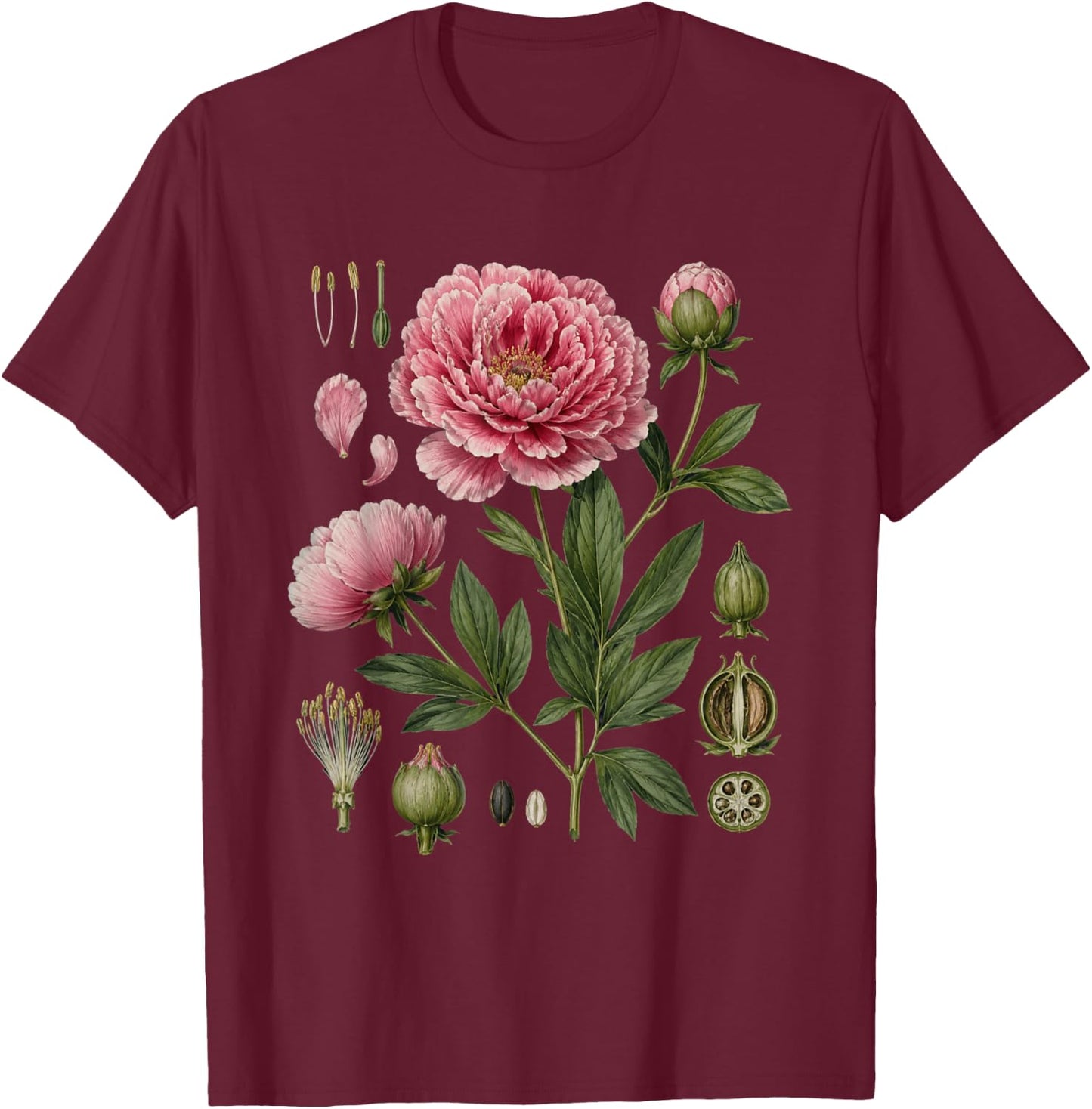 Peony Anatomy Botanical Illustration Women Flower Peony T-Shirt - T-Shirt | Maroon