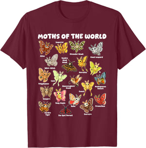 Moths of the World Kawaii Chart Entomology T-Shirt - T-Shirt | Maroon
