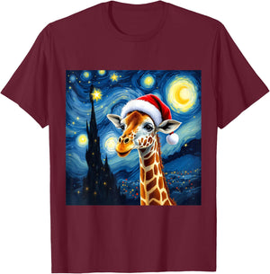 Christmas Giraffe Santa Hat Van Gogh Starry Night Holiday T-Shirt - T-Shirt | Maroon