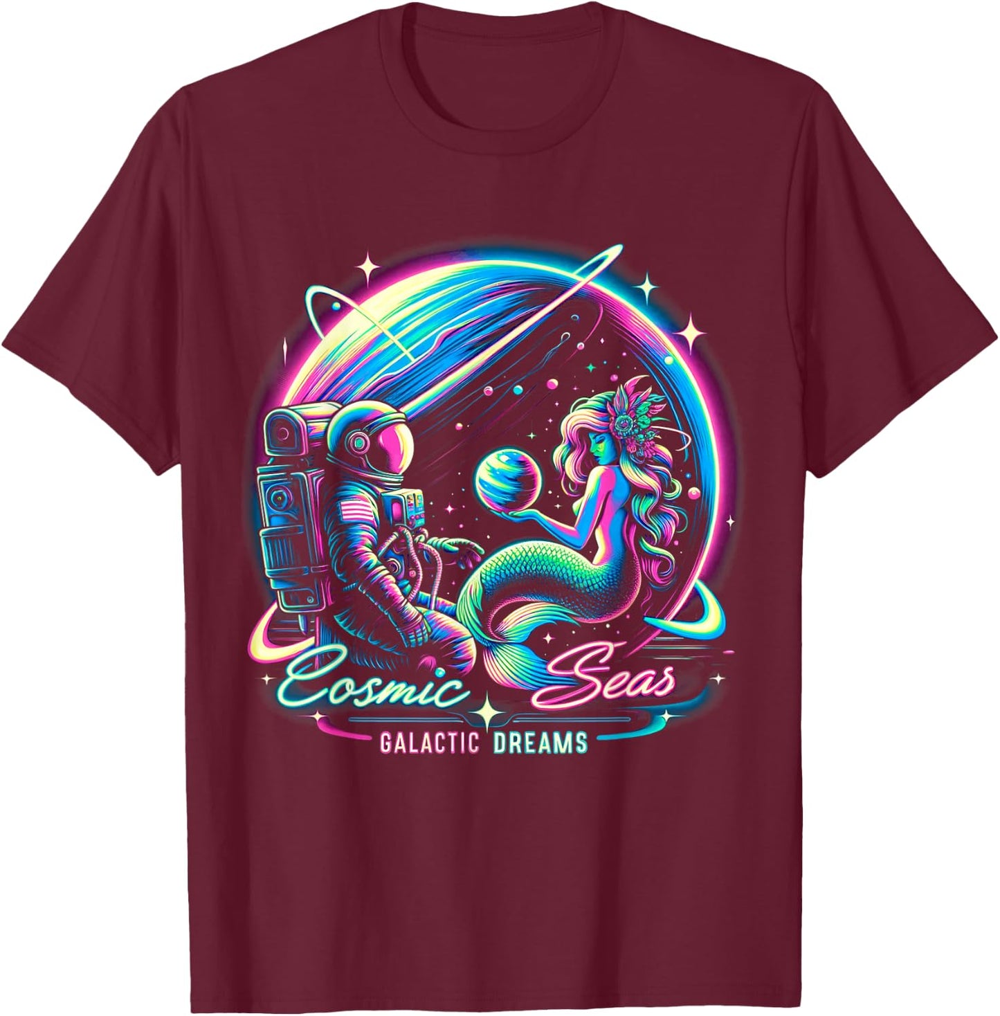 Cosmic Encounter - Astronaut Meets Space Mermaid Psychedelic T-Shirt - T-Shirt | Maroon