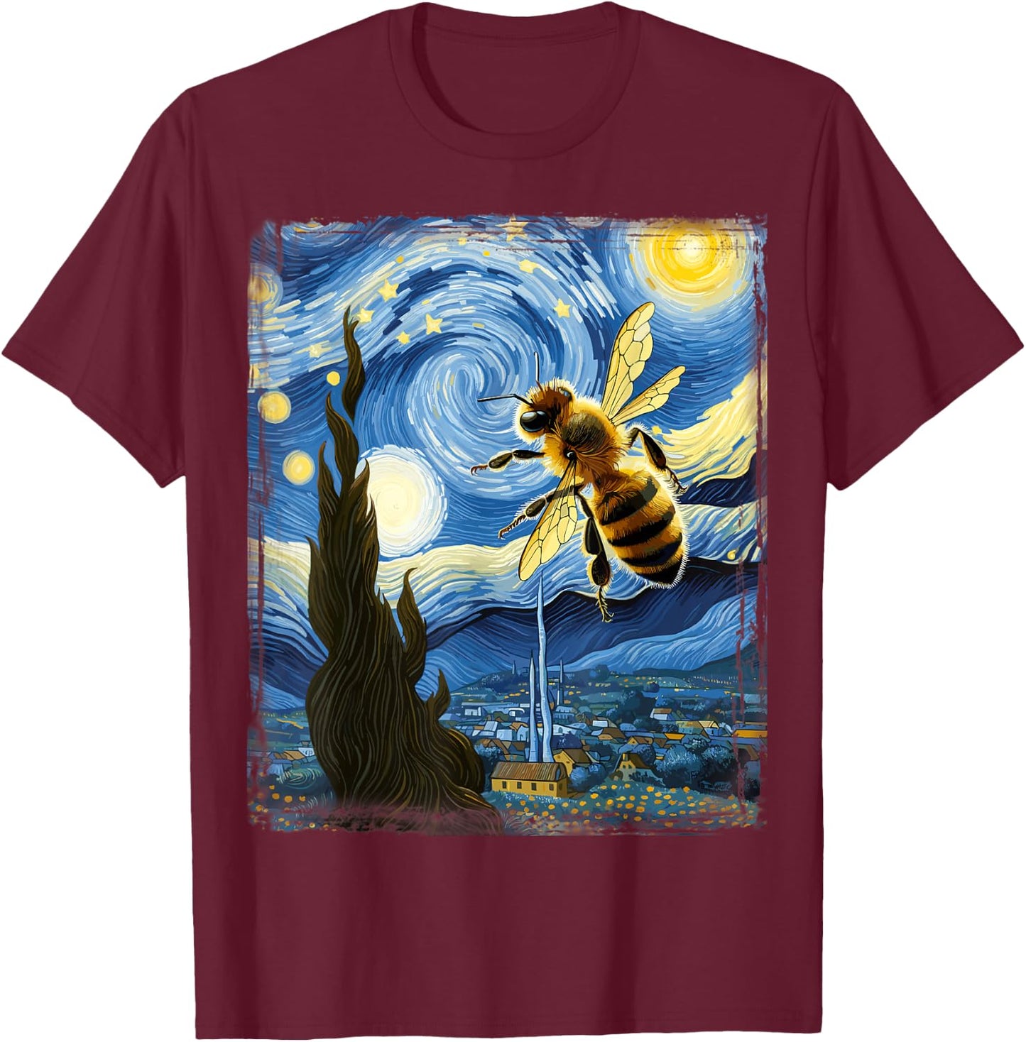 Van Gogh Style Starry Night Bee T-Shirt - T-Shirt | Maroon