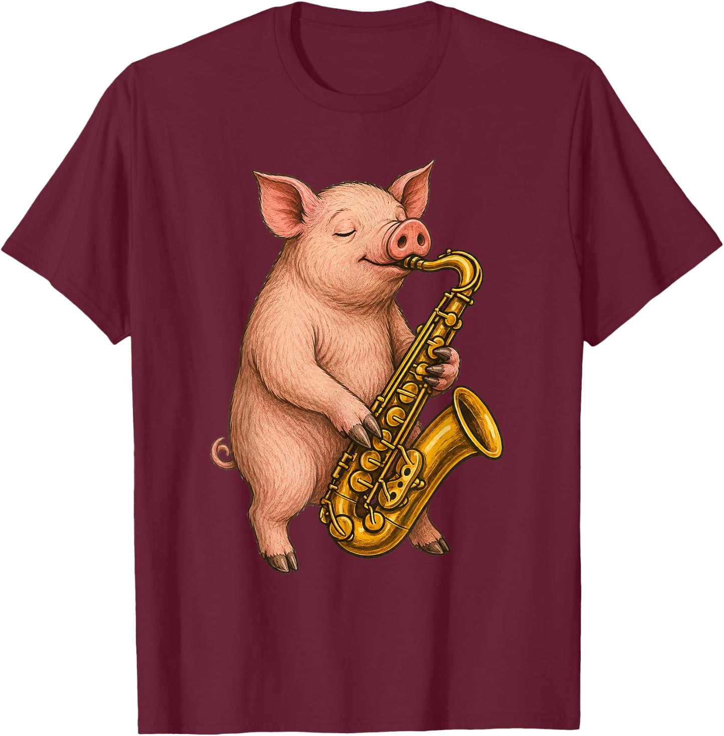 Cute Pig Playing Saxophone Musician Music T-Shirt - T-Shirt | Maroon
