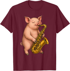 Cute Pig Playing Saxophone Musician Music T-Shirt - T-Shirt | Maroon