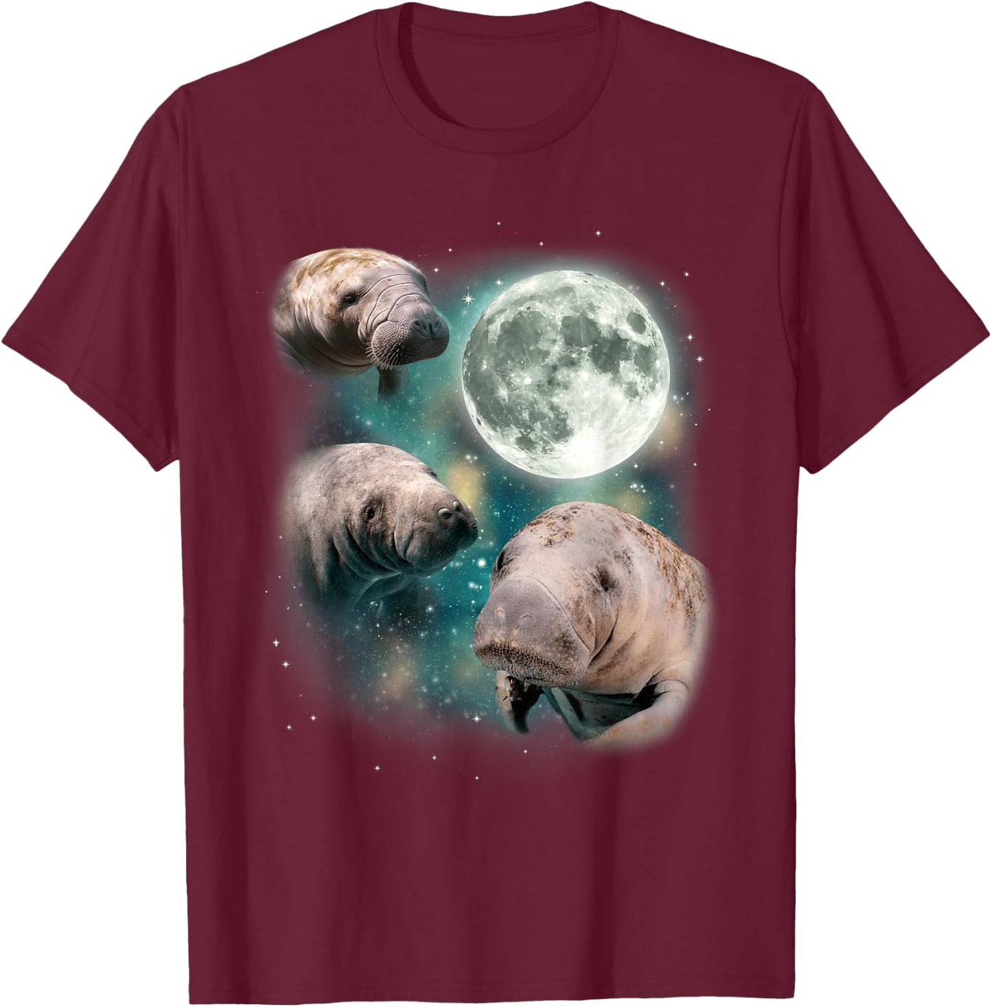 3 Manatee Moon | Three Funny Sea Cows Howl At Moon Manatee T-Shirt - T-Shirt | Maroon