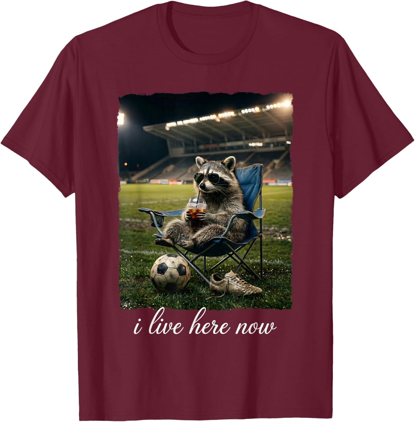 I Live Here Now Soccer Funny Raccoon Iced Coffee T-Shirt - T-Shirt | Maroon