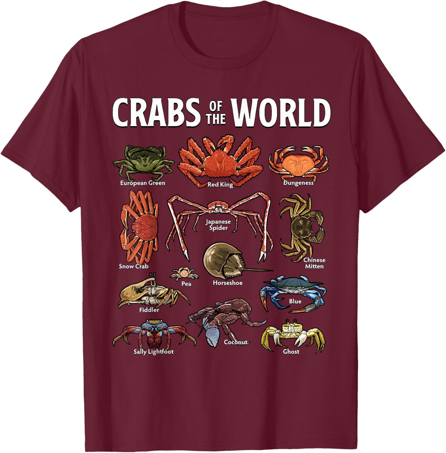 Crabs of the World Marine Life Crabs Illustration T-Shirt - T-Shirt | Maroon