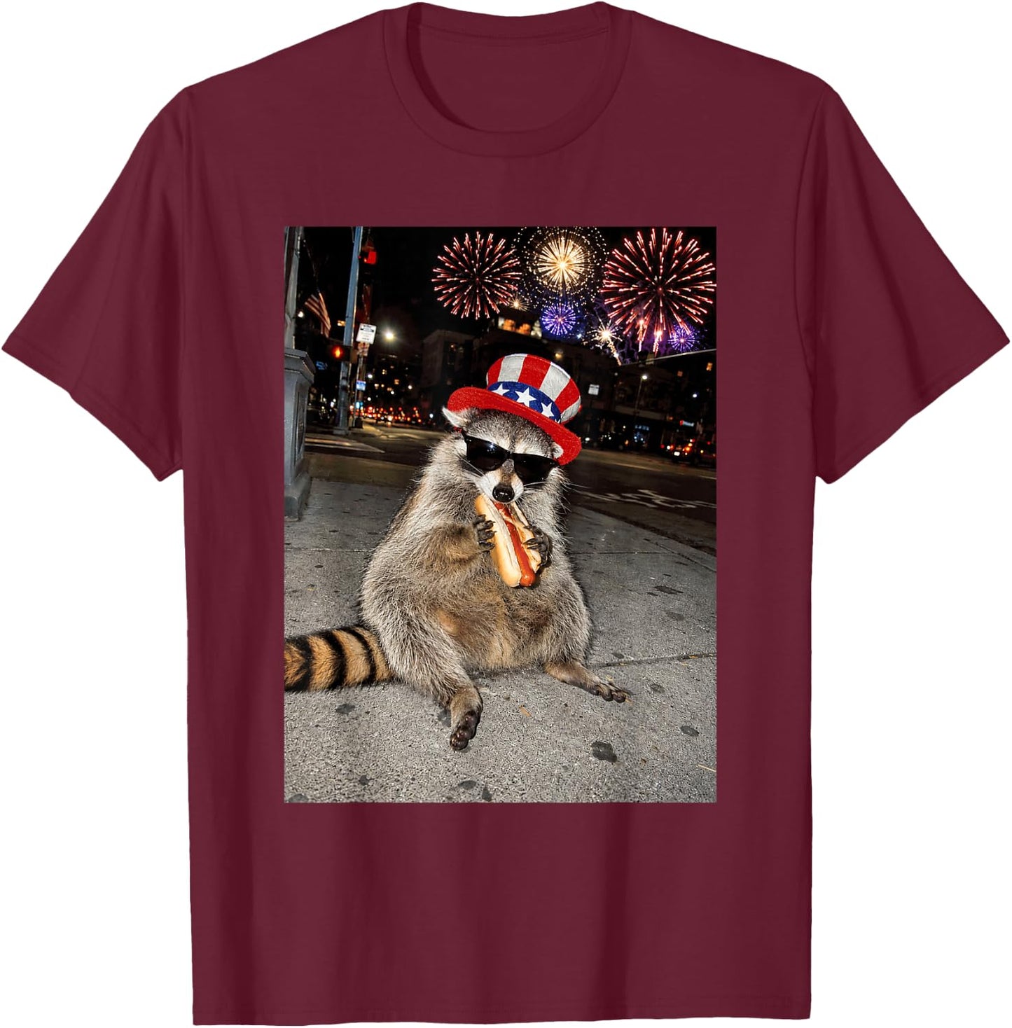 Funny Raccoon Eating Hot Dog 4th of July Men Women Kids T-Shirt - T-Shirt | Maroon