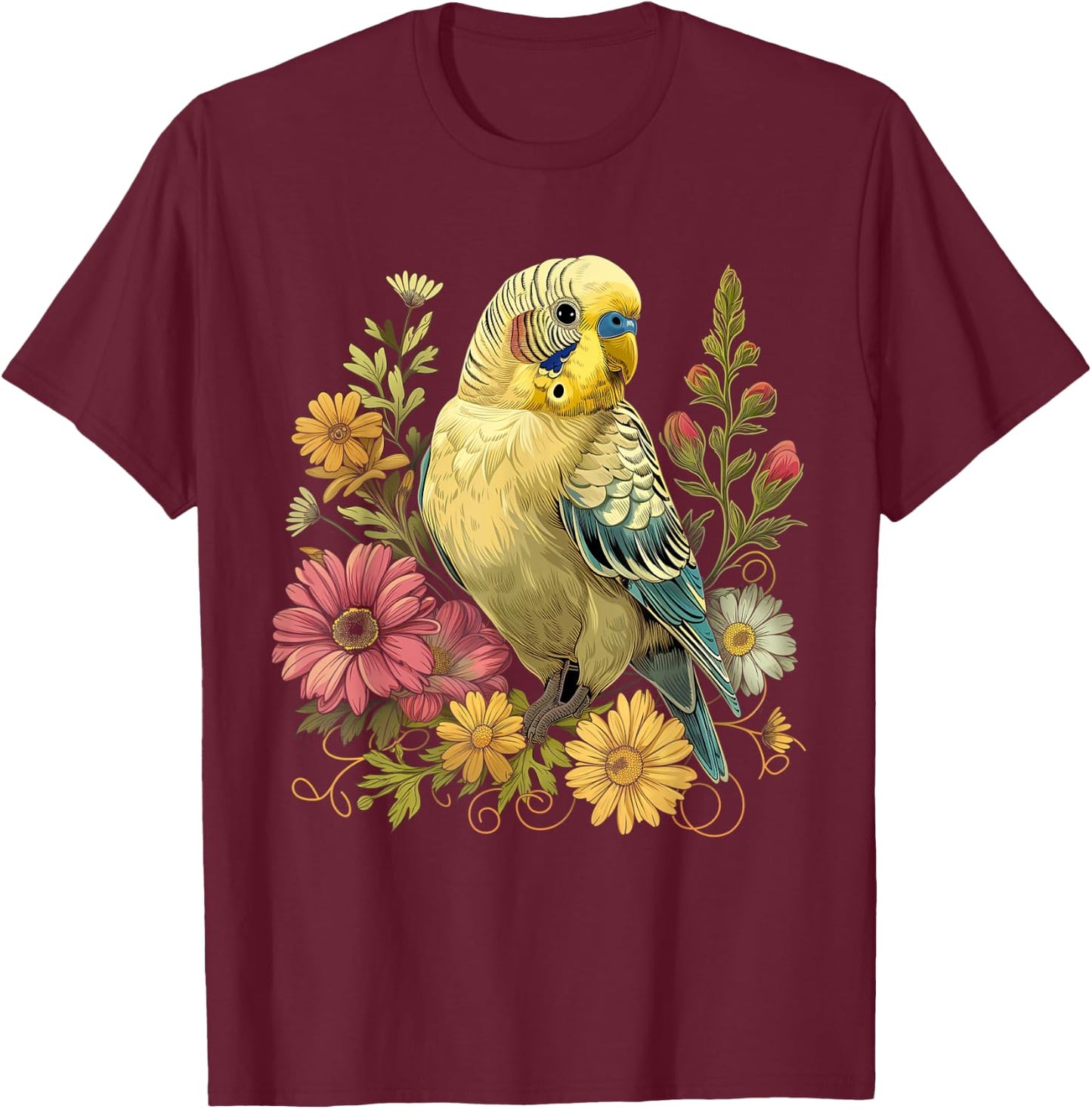 Budgie Parakeet Bird Mom Budgerigar Parrot Vintage Flower T-Shirt - T-Shirt | Maroon