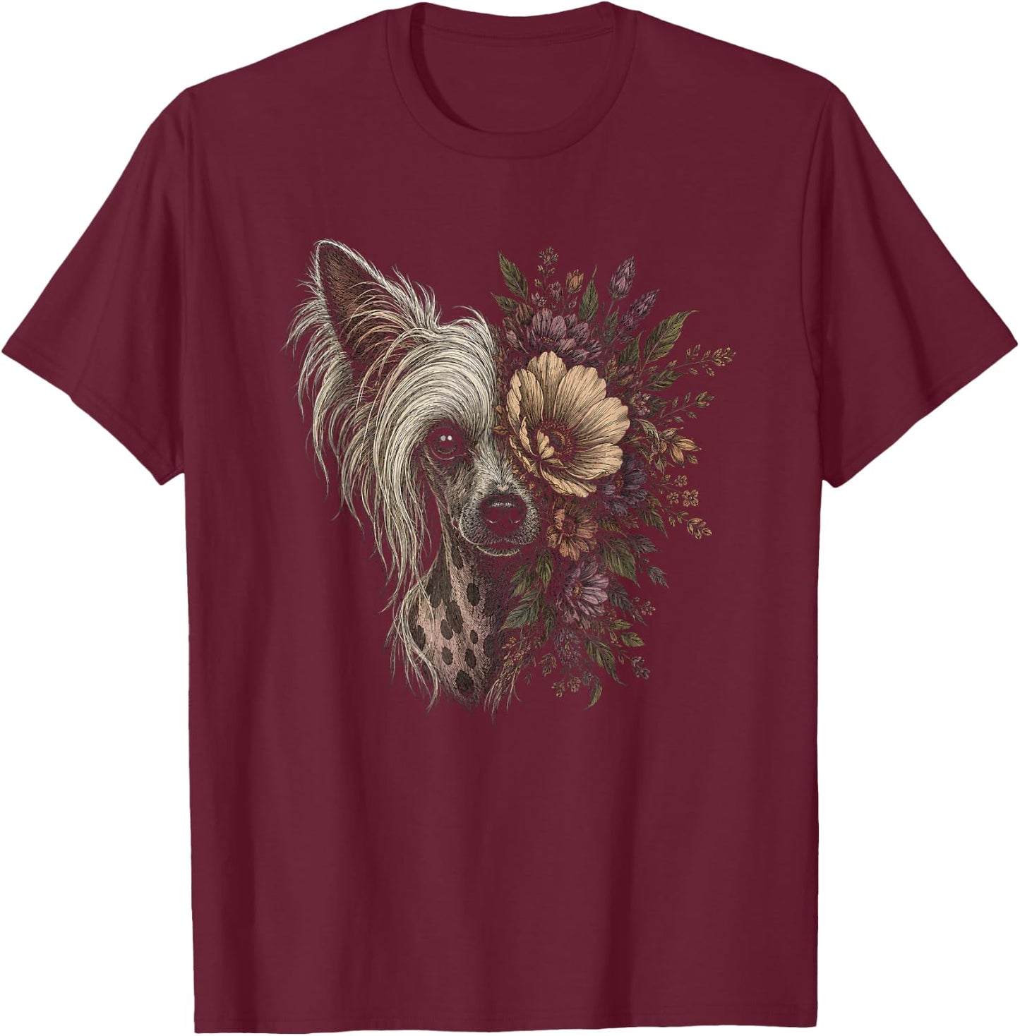 Floral Chinese Crested Dog Artwork Design T-Shirt - T-Shirt | Maroon