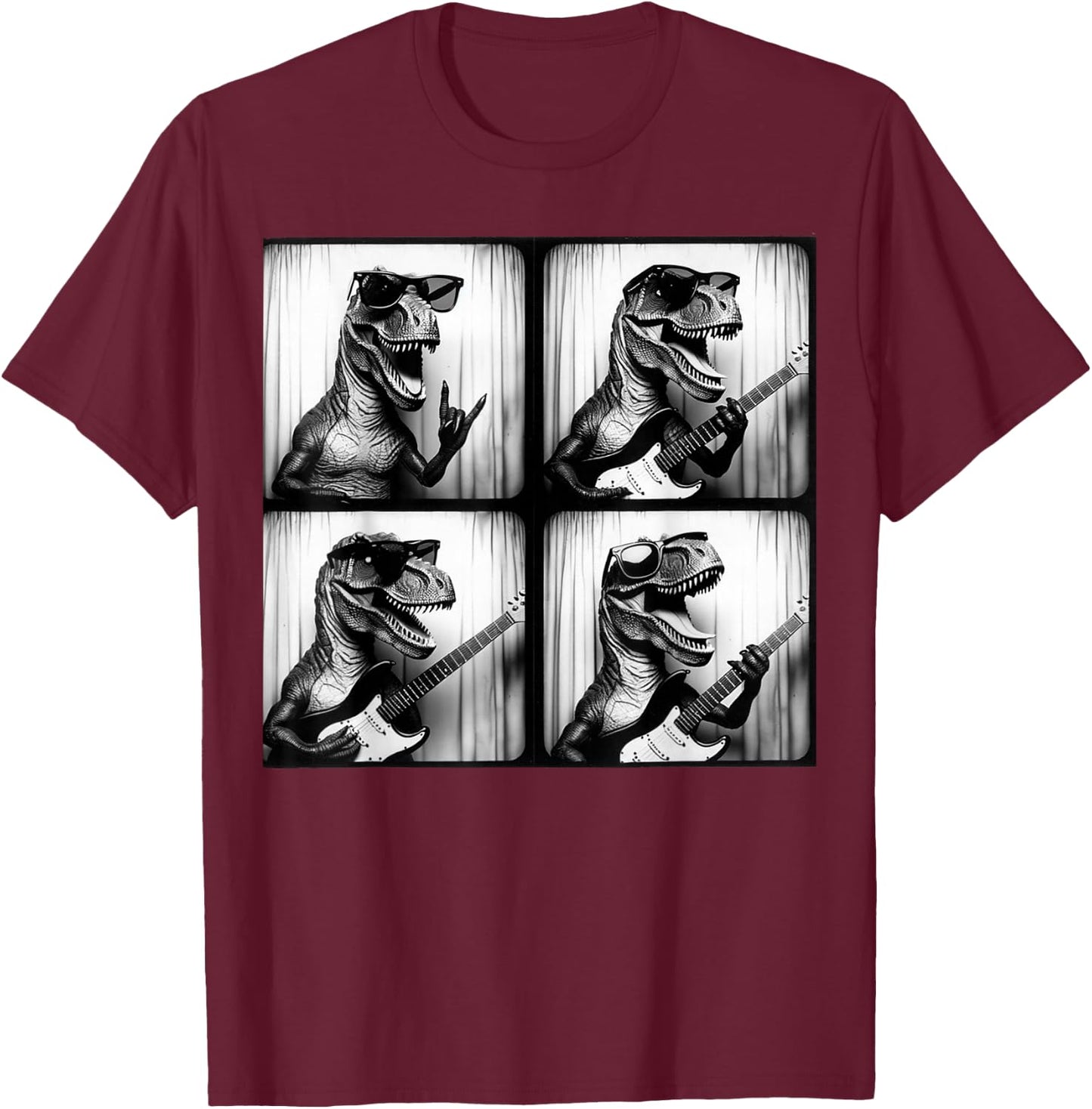 Dinosaur T rex Playing Electric Guitar. Dinosaur Photobooth T-Shirt - T-Shirt | Maroon