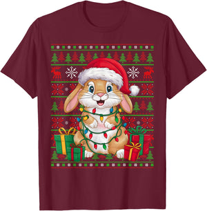Rabbit Bunny Xmas Lights Ugly Santa Hat Bunny Christmas T-Shirt - T-Shirt | Maroon