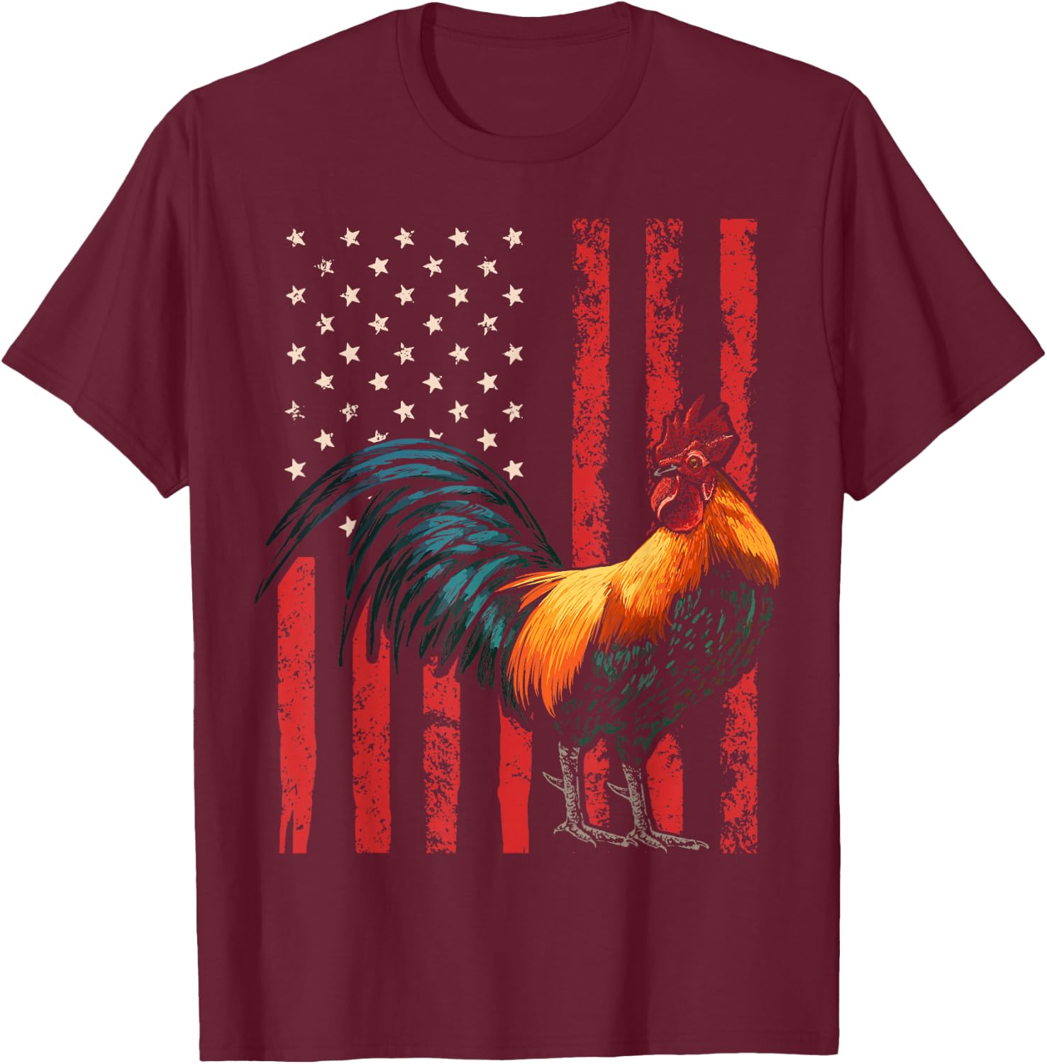 Rooster Chicken American Flag USA Fighting Cock T-Shirt - T-Shirt | Maroon