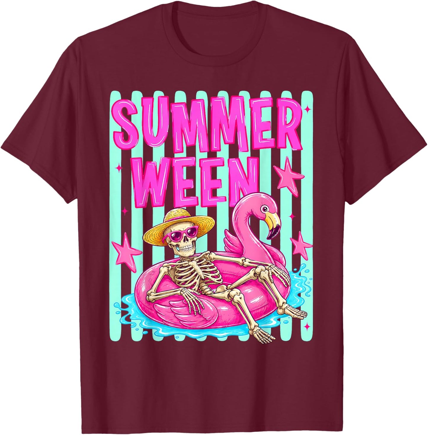 Preppy Summerween Skeleton Beach Party Halloween Vibes T-Shirt - T-Shirt | Maroon