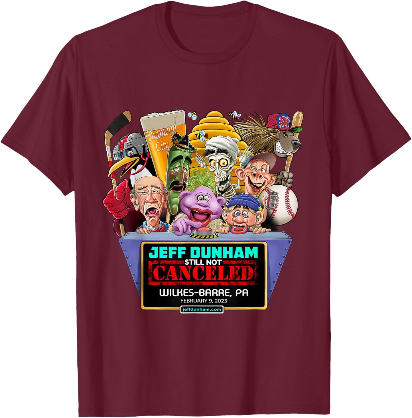Jeff Dunham Wilkes-Barre, PA (2023) T-Shirt - T-Shirt | Maroon