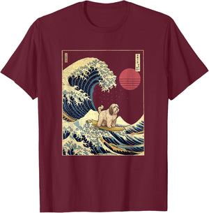 Tibetan Terrier Japanese Kanagawa Wave Funny Surf Dog T-Shirt - T-Shirt | Maroon