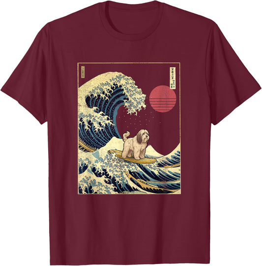 Tibetan Terrier Japanese Kanagawa Wave Funny Surf Dog T-Shirt - T-Shirt | Maroon