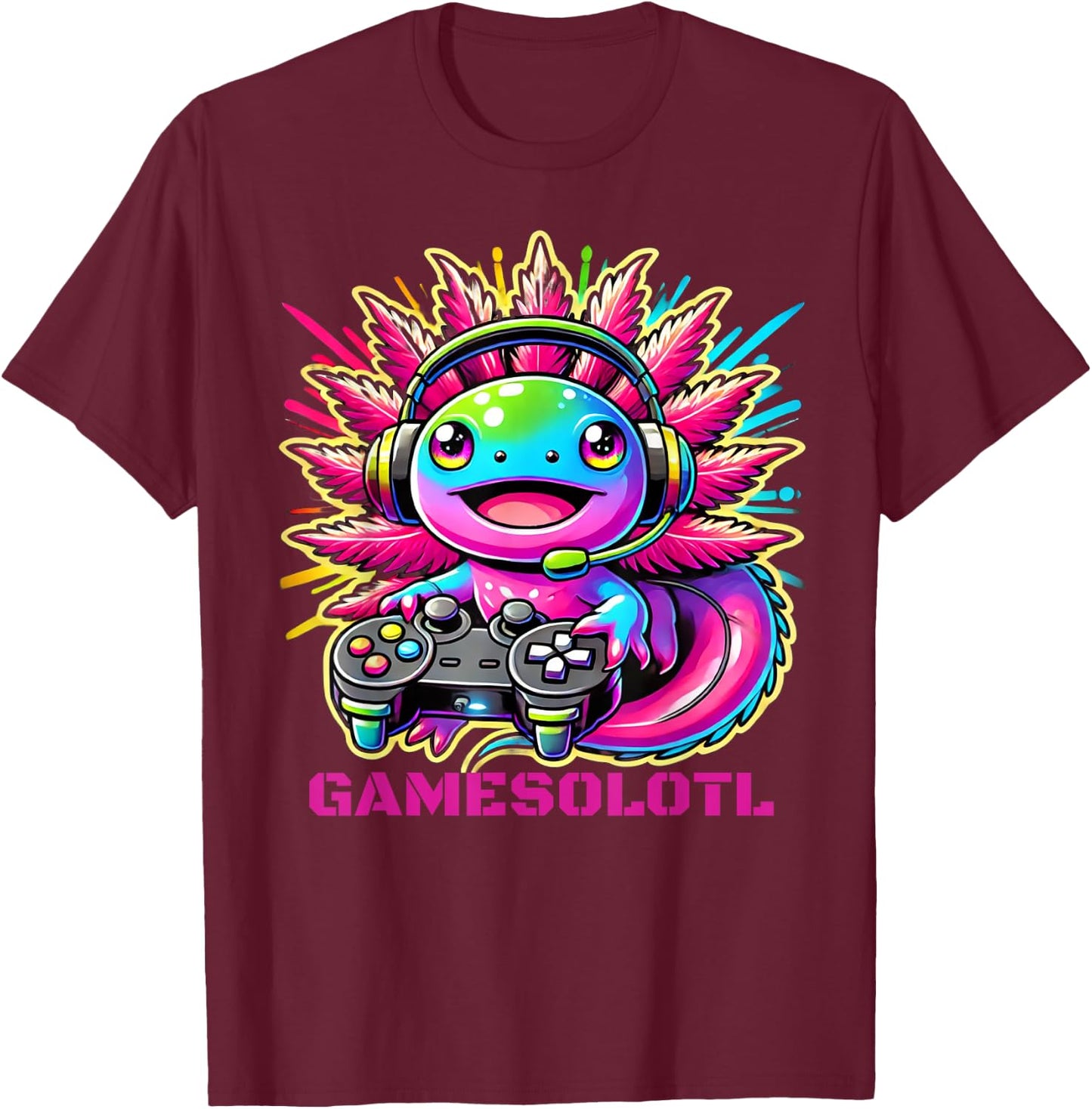 Gamesolotl Axolotl Gamer Cute Anime Kawaii Boys Girls T-Shirt - T-Shirt | Maroon