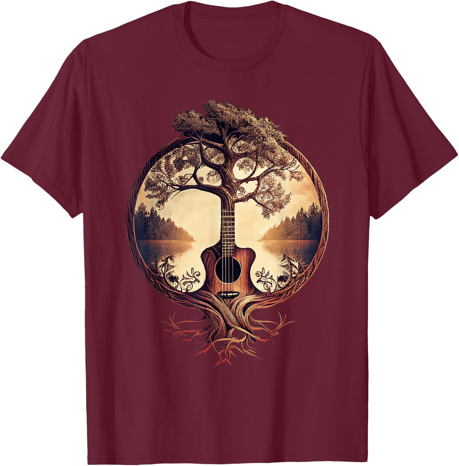 Acoustic Guitar Tree at the Edge of the Lake for Guitarist , Black, S T-Shirt - T-Shirt | Maroon