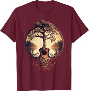 Acoustic Guitar Tree at the Edge of the Lake for Guitarist , Black, S T-Shirt - T-Shirt | Maroon