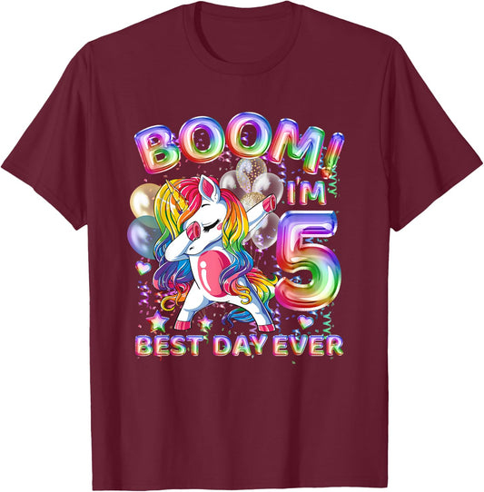 Cute Unicorn 5th Birthday Girl Party 5 Years Old Dabbing T-Shirt - T-Shirt | Maroon