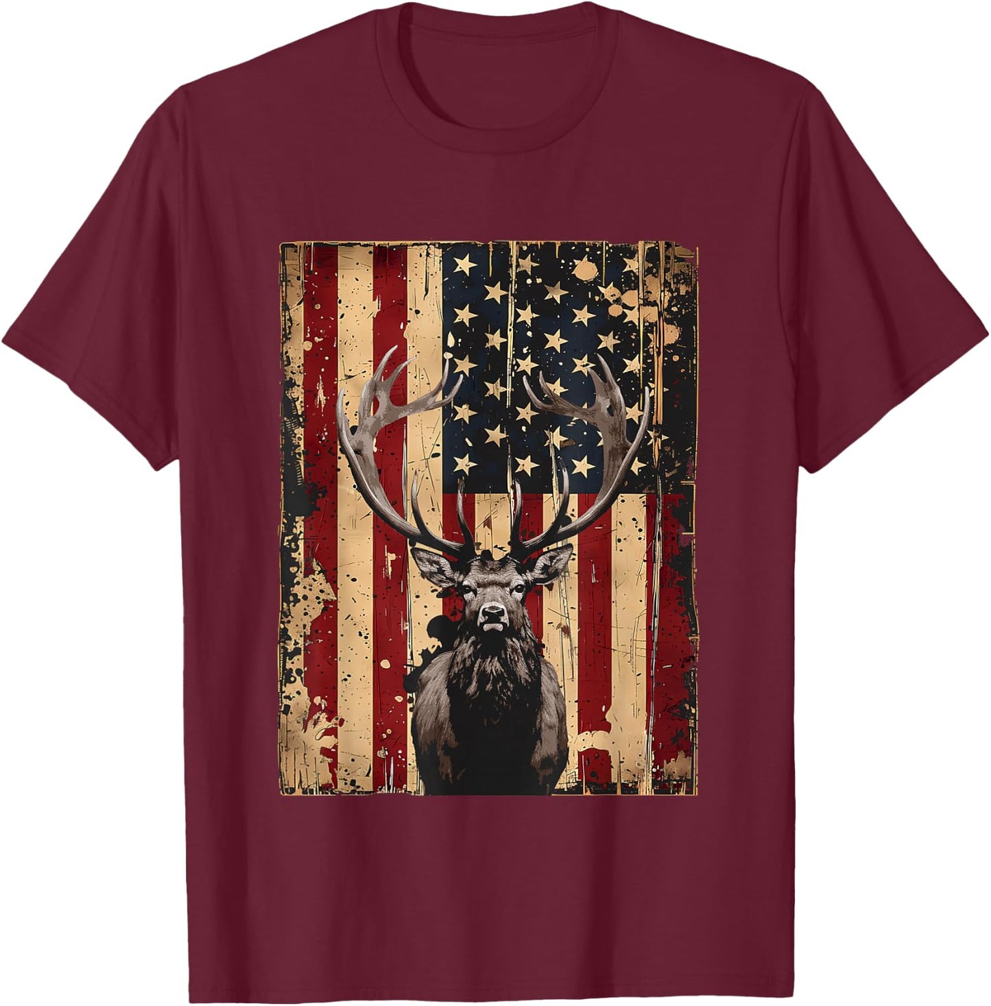 American Flag Outdoor Antlers Elk Deer T-Shirt - T-Shirt | Maroon