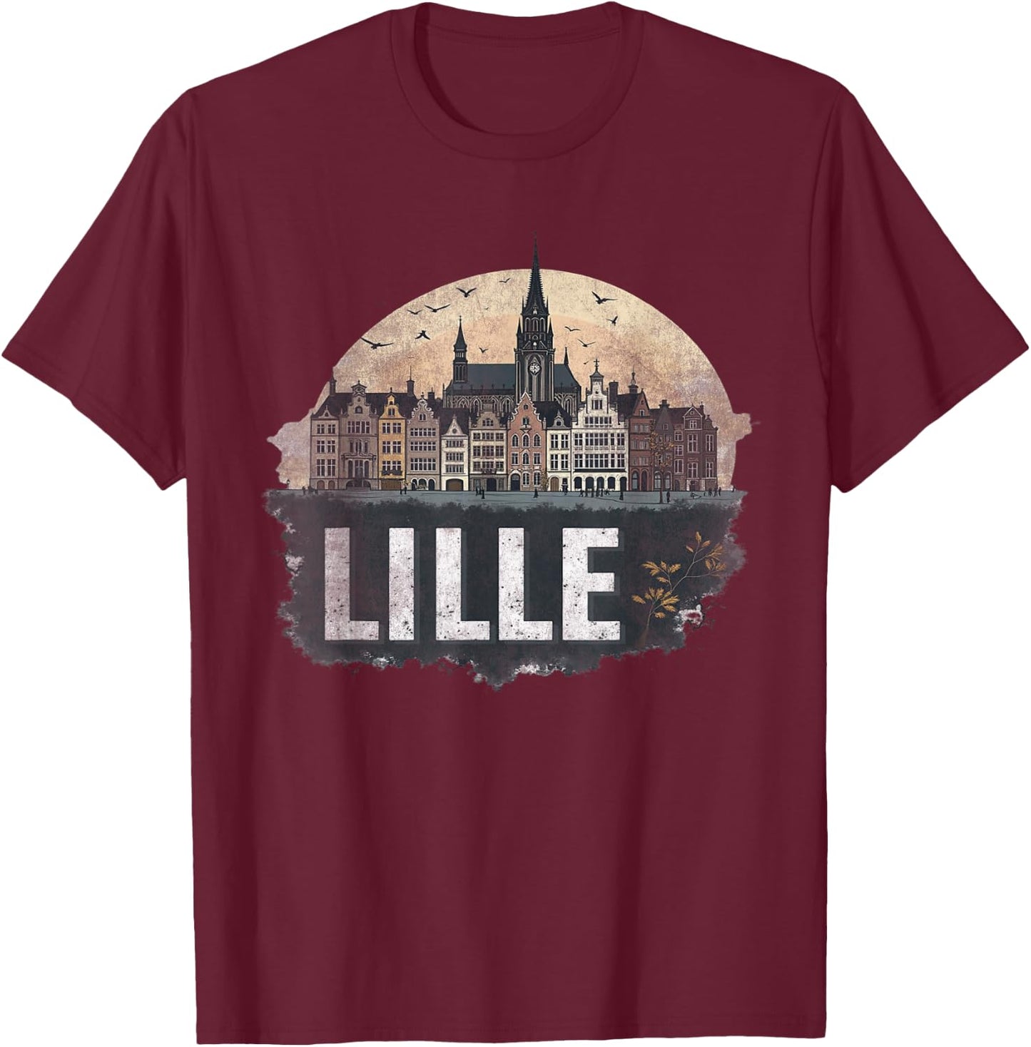 Souvenir Vintage Lille Landscape Retro , Black, S T-Shirt - T-Shirt | Maroon