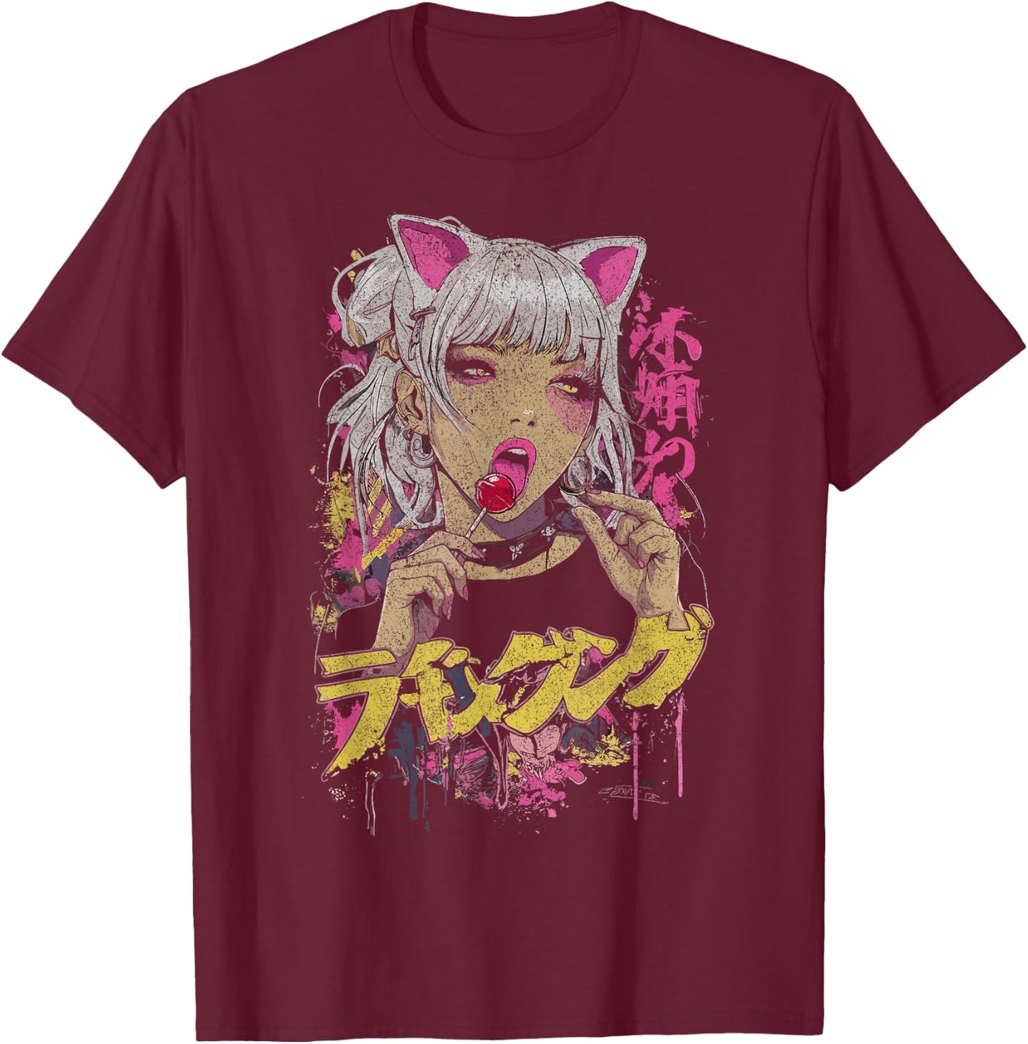 Japanese Streetwear Anime Girl Lolly Cyberpunk Y2K Anime T-Shirt - T-Shirt | Maroon