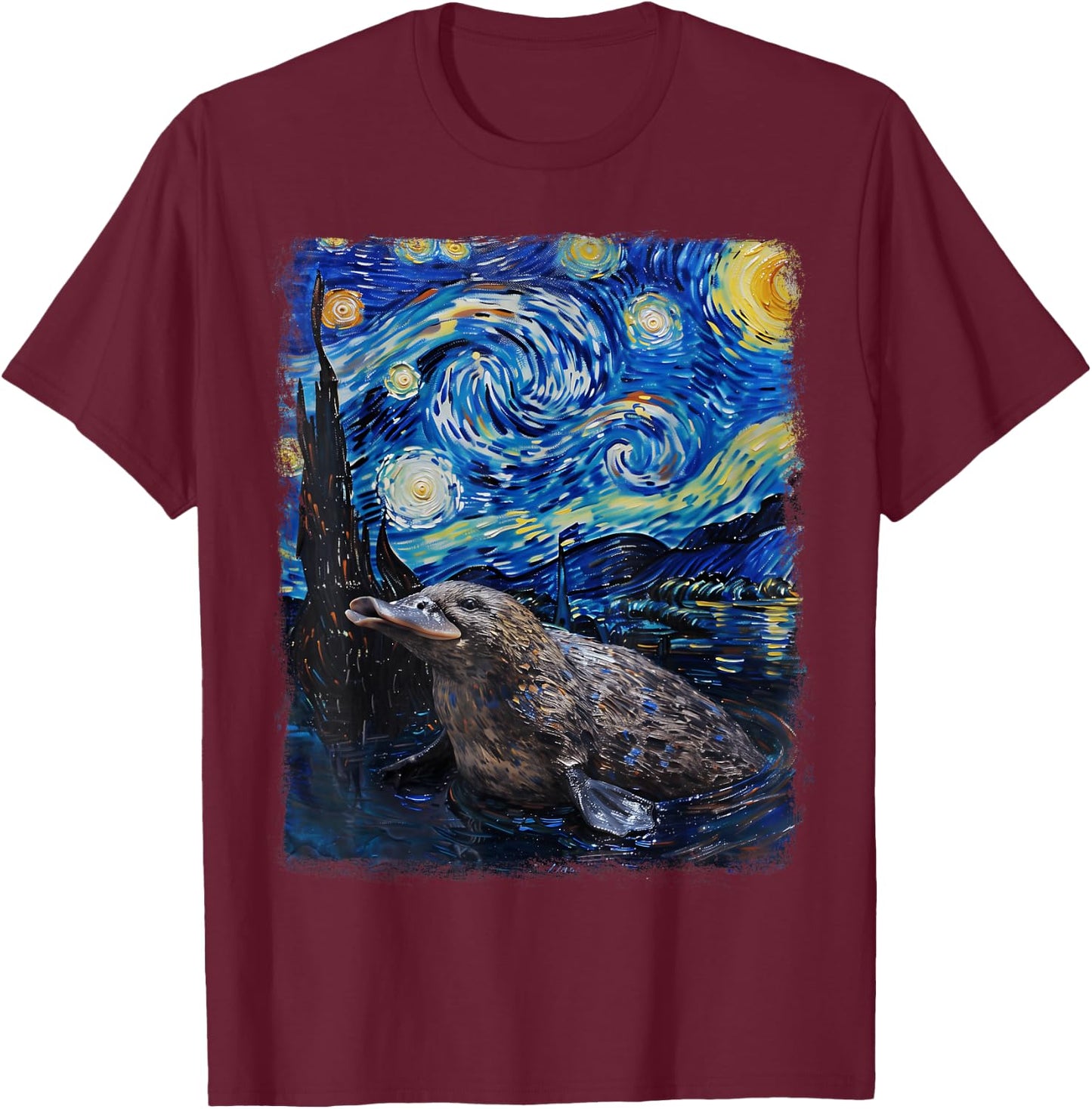 Platypus Starry Night Painting T-Shirt - T-Shirt | Maroon