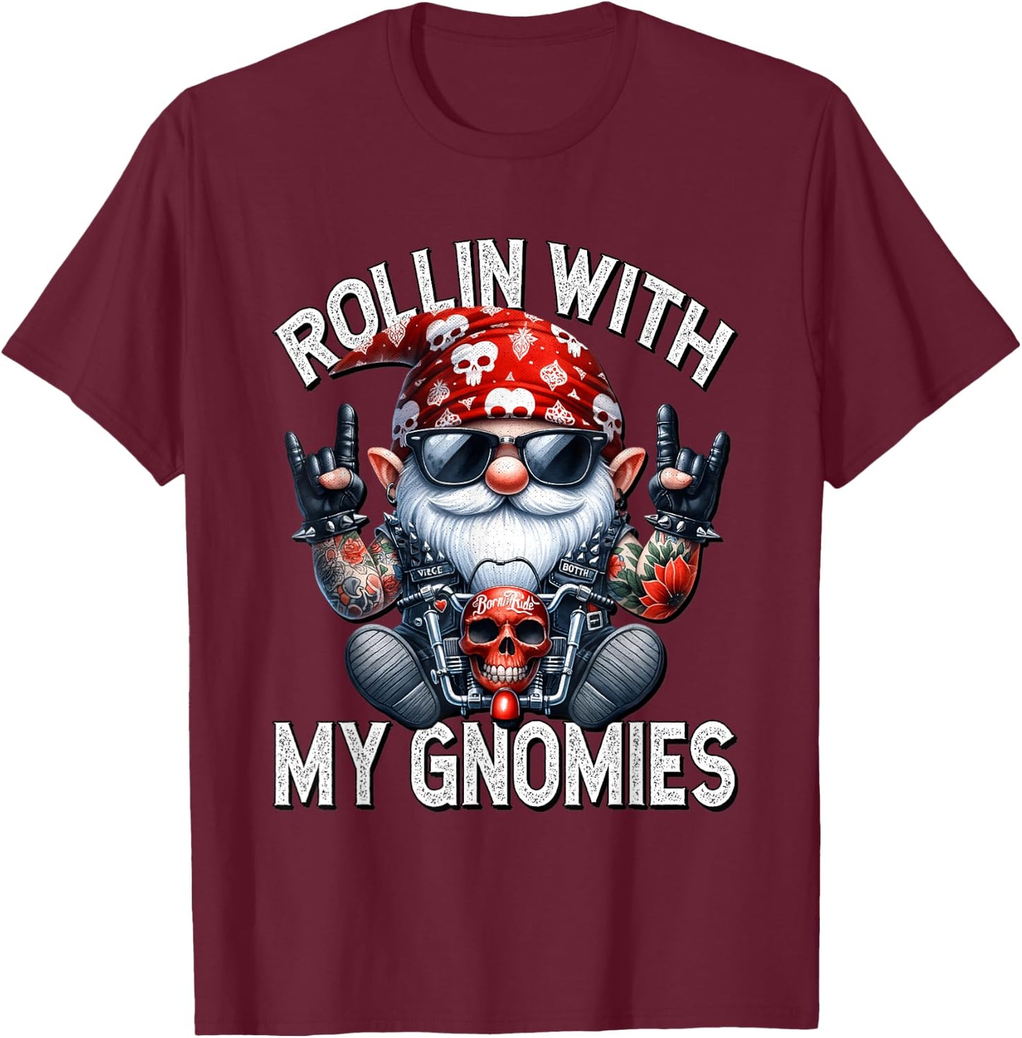 Funny Motorcycle Gnome For Biker Dad Rollin With My Gnomies T-Shirt - T-Shirt | Maroon