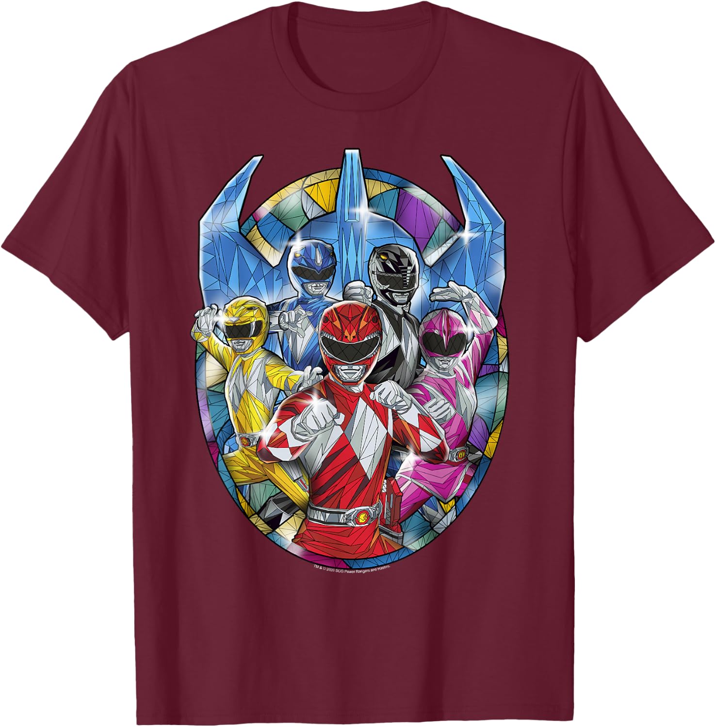 Power Rangers Stained Glass Action Pose Portrait T-Shirt - T-Shirt | Maroon