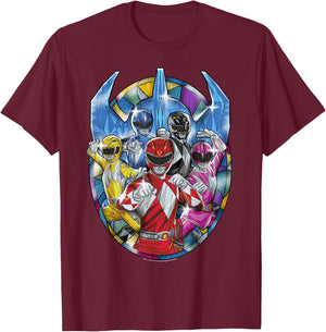 Power Rangers Stained Glass Action Pose Portrait T-Shirt - T-Shirt | Maroon