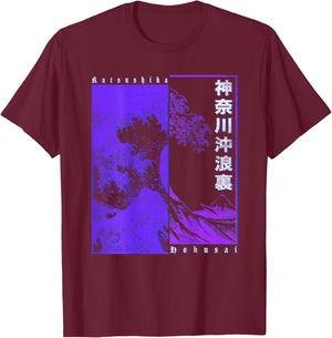 Men's Japanese Wave Japan Style The Great Wave Before Kanagawa , black T-Shirt - T-Shirt | Maroon