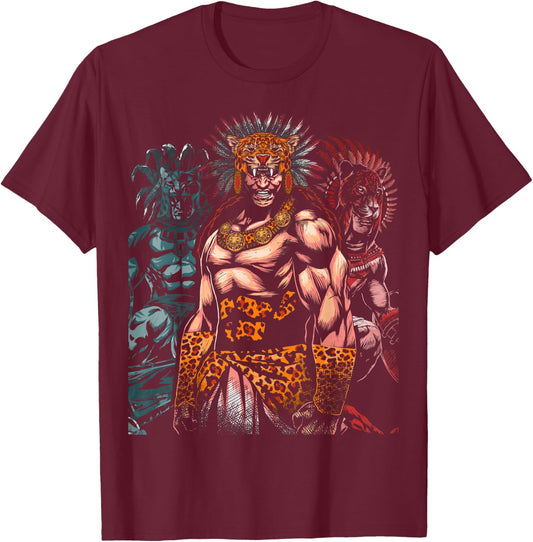 Aztec Jaguar Ancient Warrior Native Mexican Mythology T-Shirt - T-Shirt | Maroon
