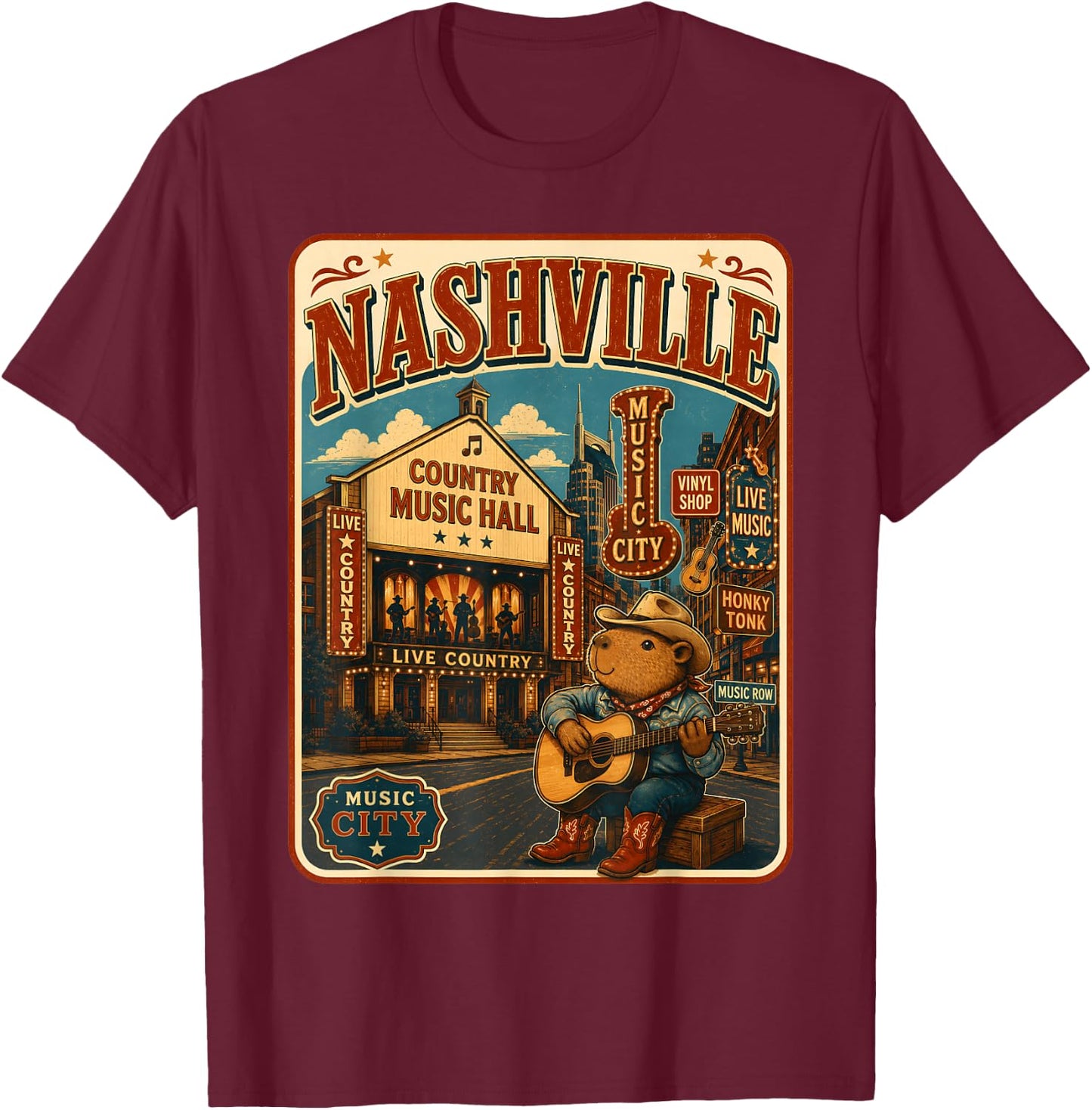 Nashville Capybara Travel Postcard Country Guitar T-Shirt - T-Shirt | Maroon