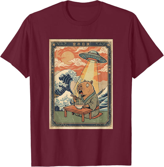 Capybara Eating Ramen Great Wave UFO Alien T-Shirt - T-Shirt | Maroon