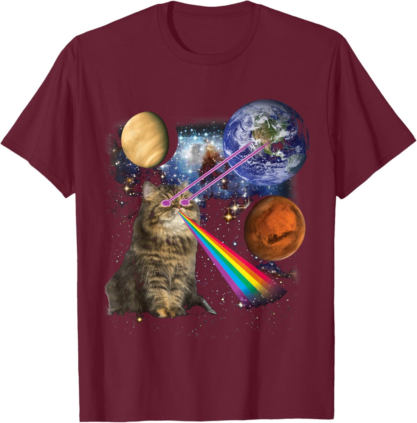 Laser Cat Rainbow Galaxy Space Design for Pet Lovers T-Shirt - T-Shirt | Maroon