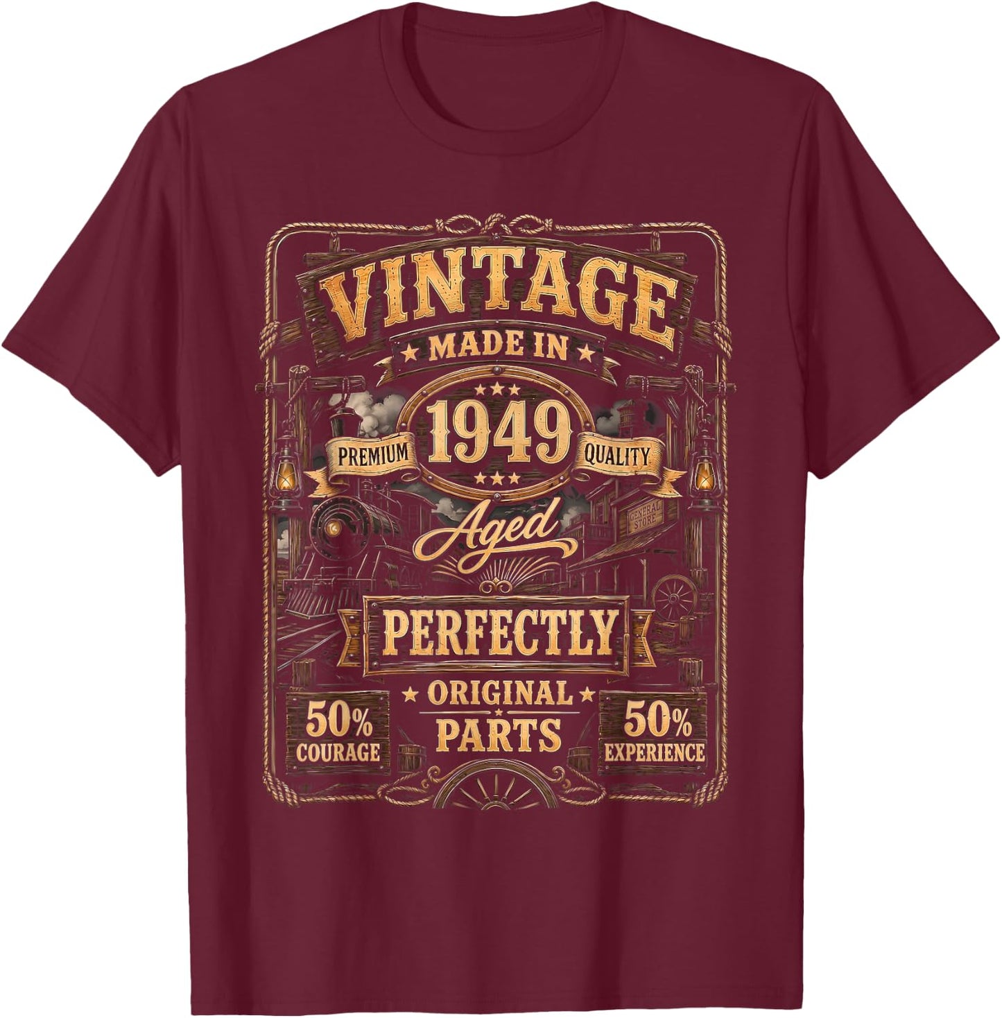 Vintage Made in 1949 Western Train Born in 1949 Birthday T-Shirt - T-Shirt | Maroon