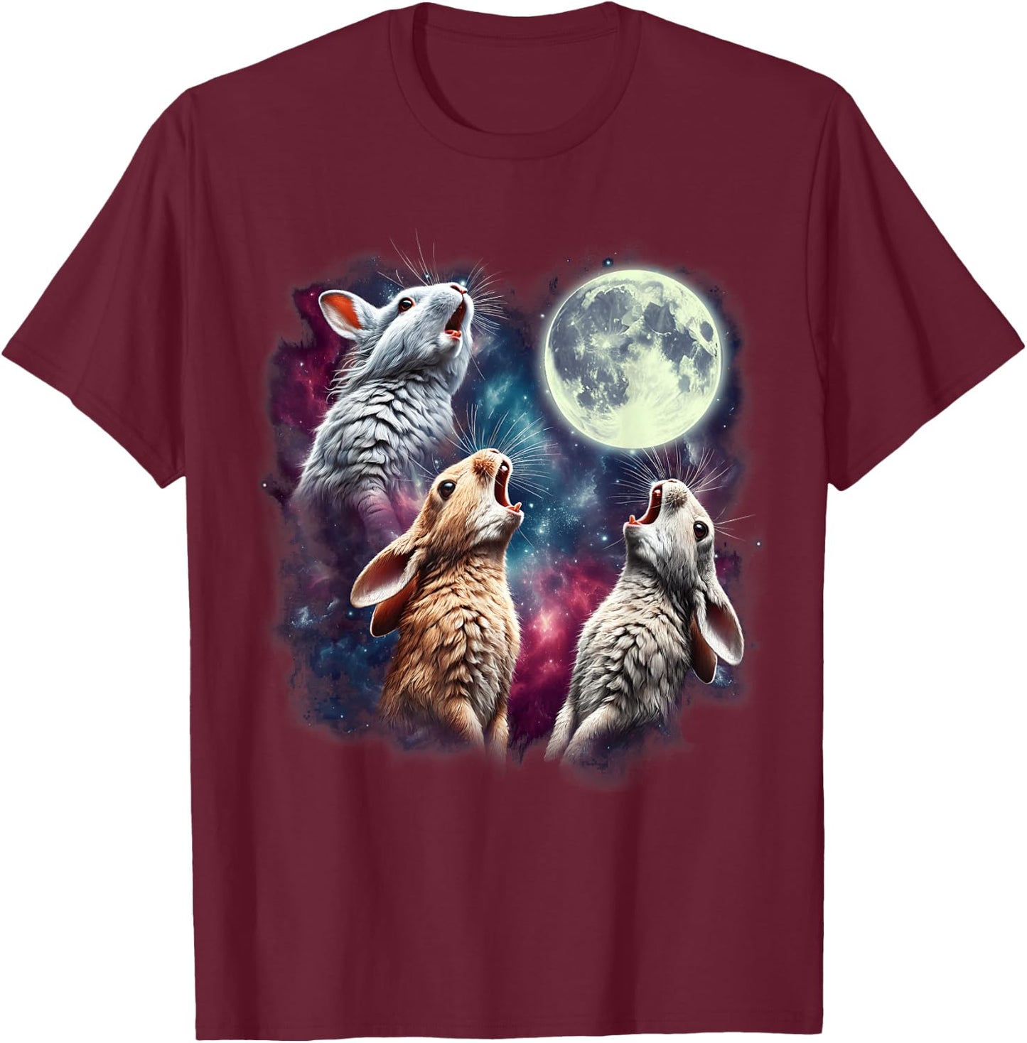 Three Rabbits Howling at Moon Funny Bunny Weird Cursed Meme T-Shirt - T-Shirt | Maroon