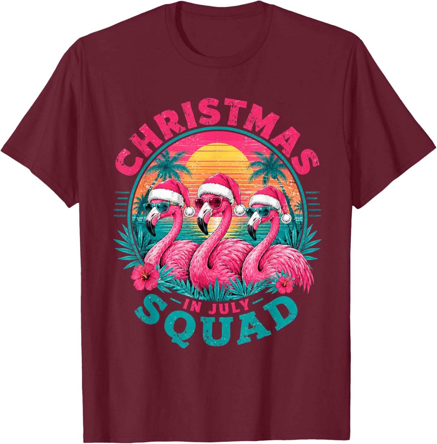 Christmas in July Flamingo Squad Beach Sunset T-Shirt - T-Shirt | Maroon