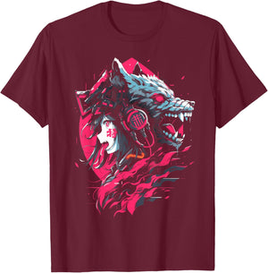 Anime Manga Cyberpunk Aesthetic Techwear Harajuku Wolf , black T-Shirt - T-Shirt | Maroon