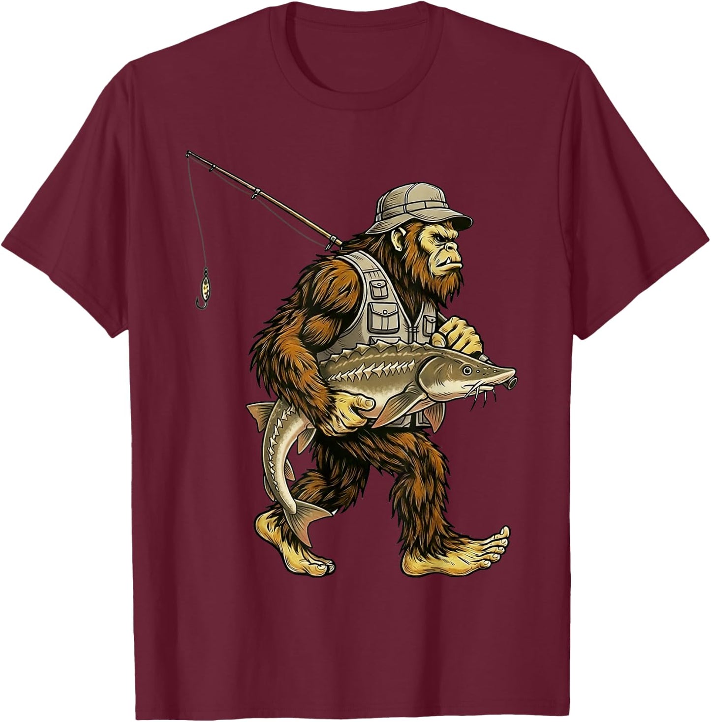Sturgeon Bigfoot Fisherman River Fishing Sasquatch T-Shirt - T-Shirt | Maroon