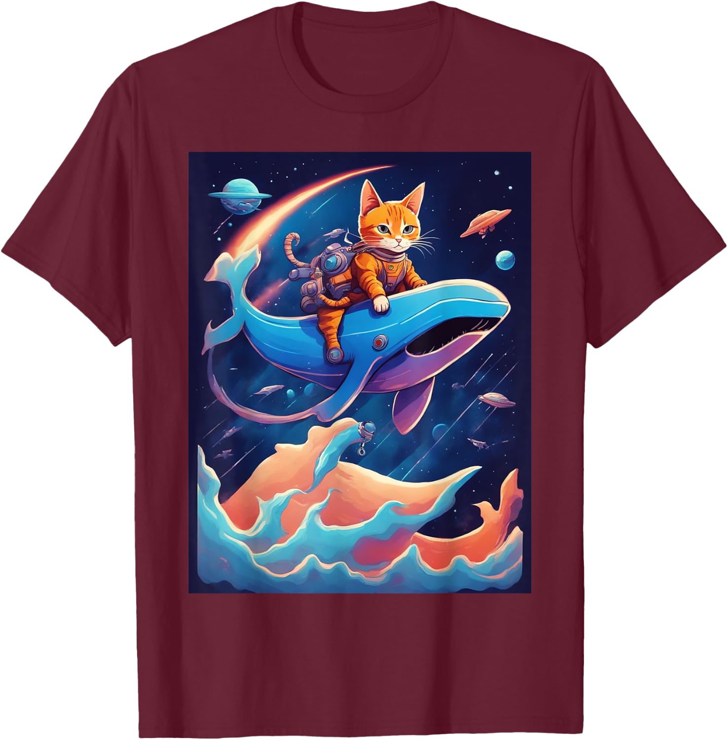 Cat Riding a Whale Fantasy Scene T-Shirt - T-Shirt | Maroon