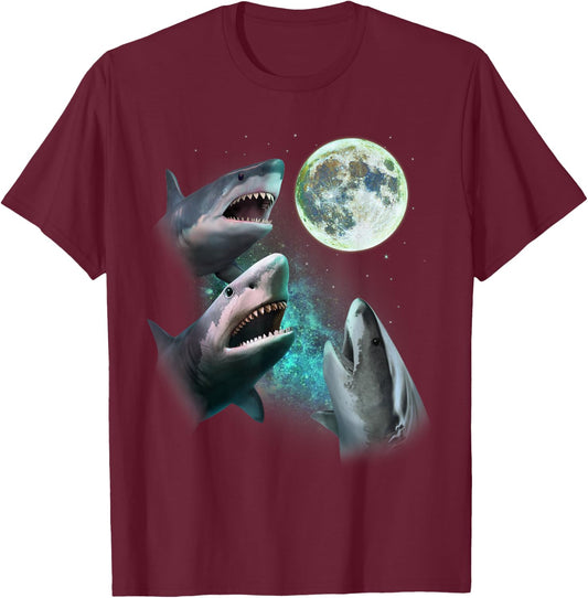 Three Great White Sharks Howl at Moon 3 Wolfs Funny Parody T-Shirt - T-Shirt | Maroon