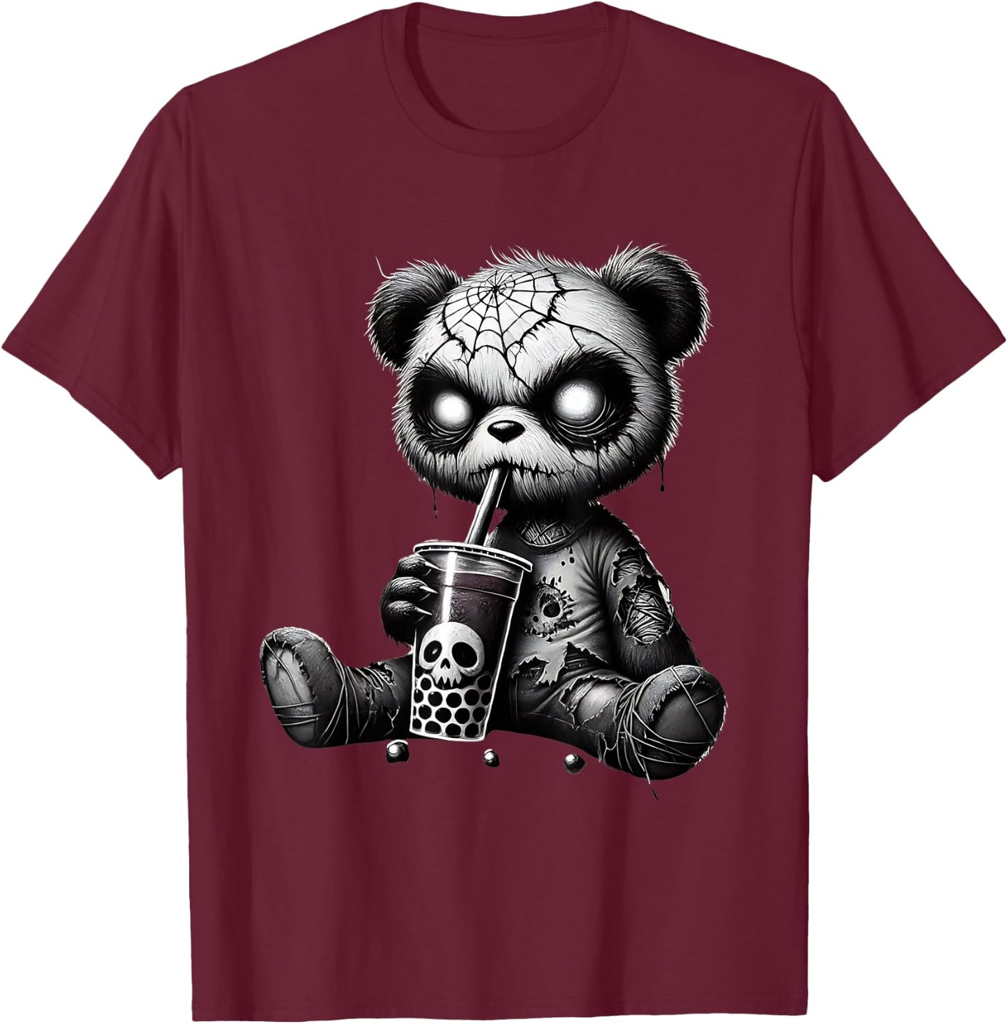 Creepy Panda Bubble Tea Halloween T-Shirt - T-Shirt | Maroon